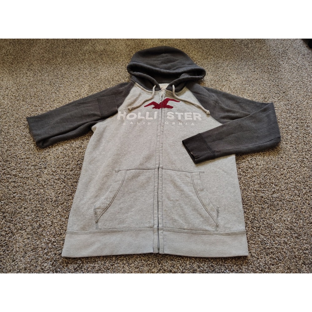 Hollister California Mens Medium Gray Raglan Full Zip Hoodie Sweatshirt Logo